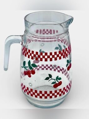 🍒 Vintage KIG Malaysia Cherries & Checkers Glass Pitcher MCM Kitchen Decor